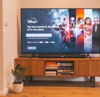 A flat-screen TV on a wooden stand displays Disney+ with various characters on the screen. The room has a plant on the floor and books stacked on the stand.